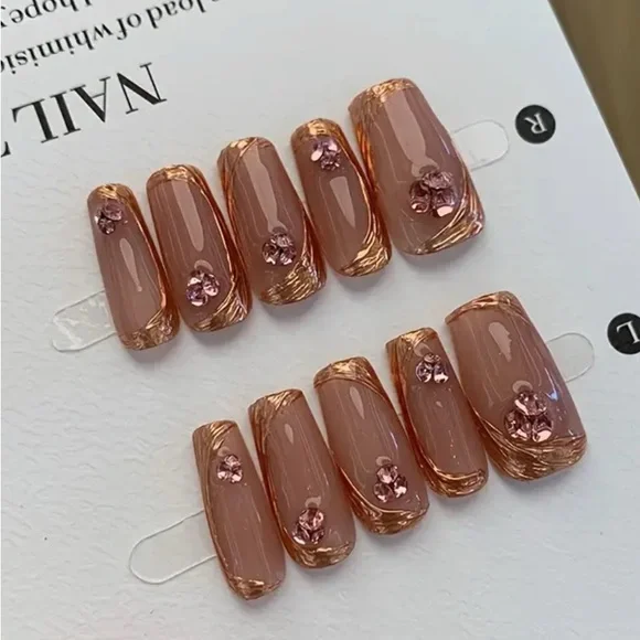 Elegant Pink Diamond & Gold Press On Nail Art reusable medium 10 pc NWT - Picture 5 of 8